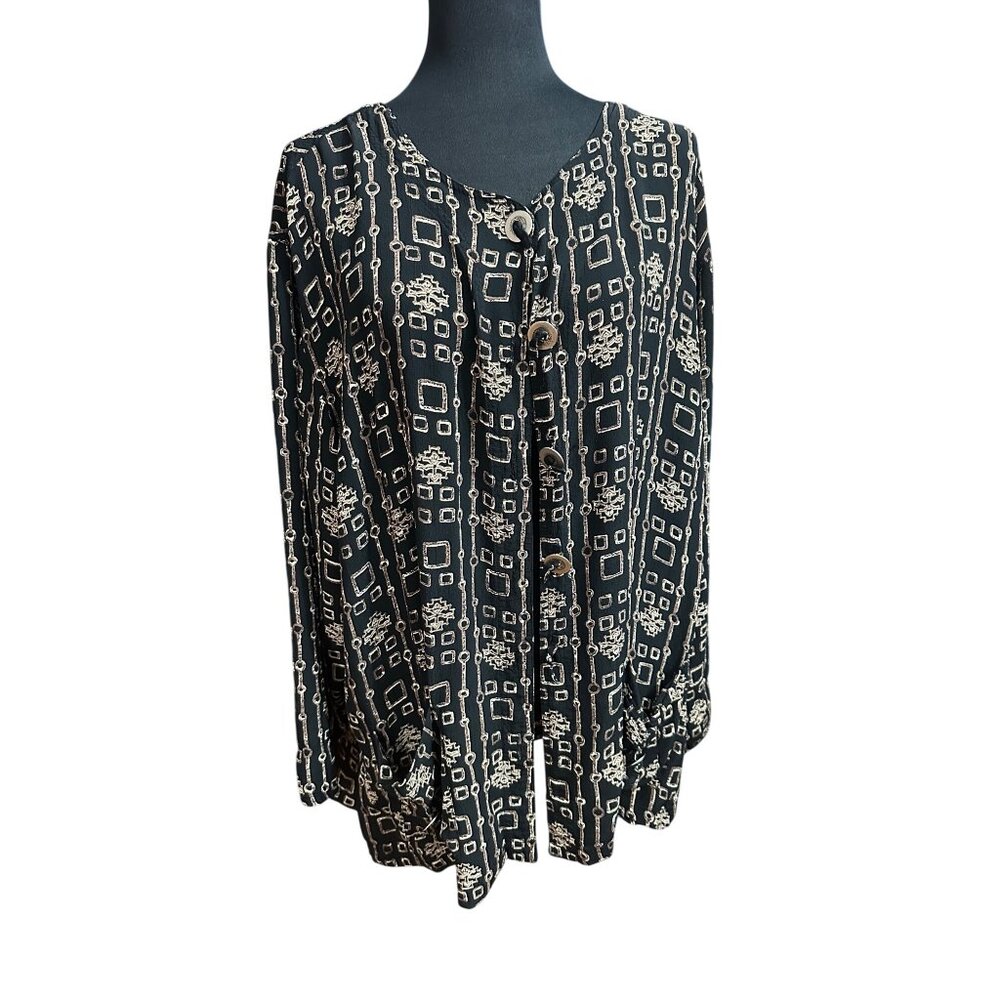Chico's Cardigan Size 3 XL Black Tan Vintage Boho Lightweight 3/5 Sleeve Flaw